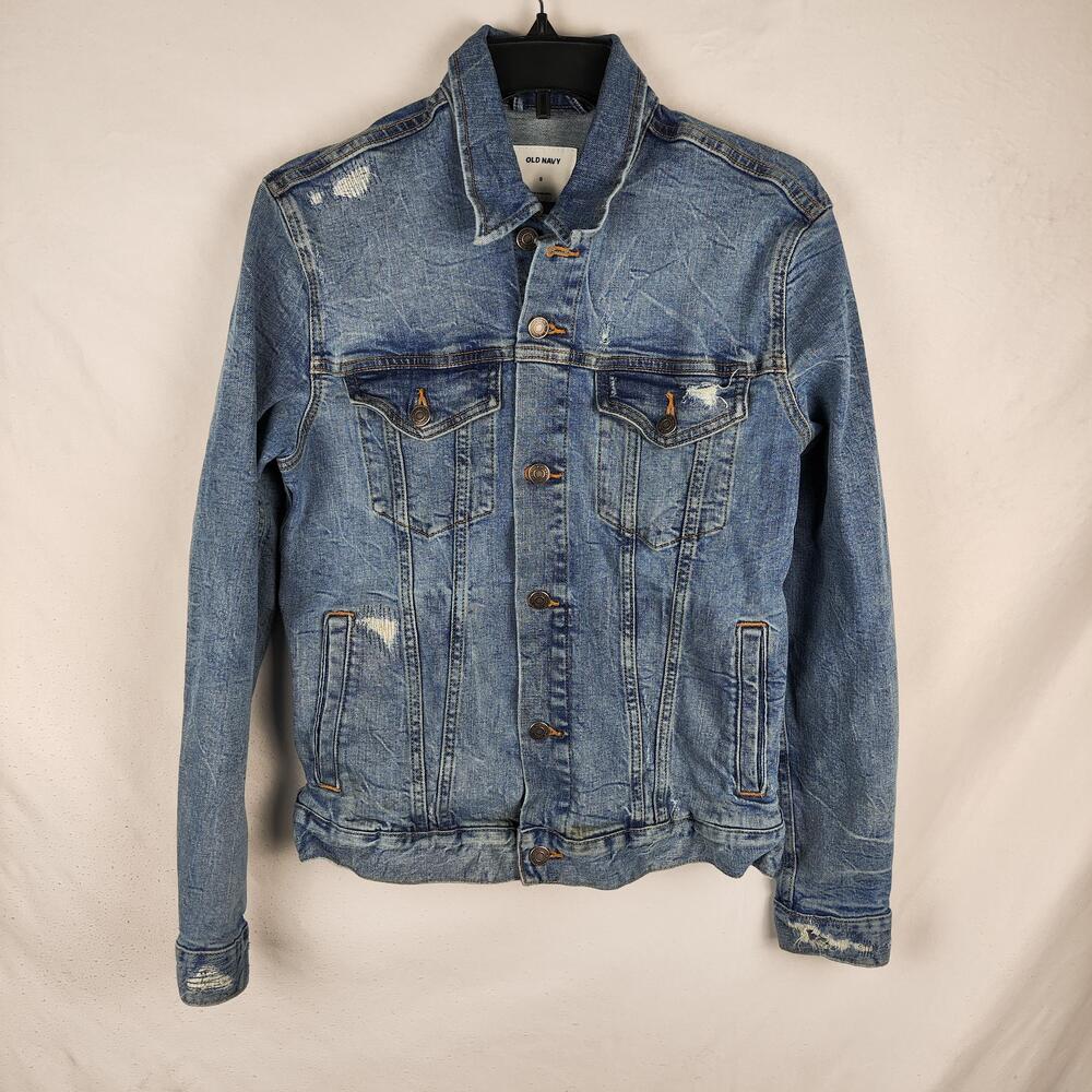 Old Navy Jacket Mens Small Blue Denim Jean Button Front Distressed Trucker